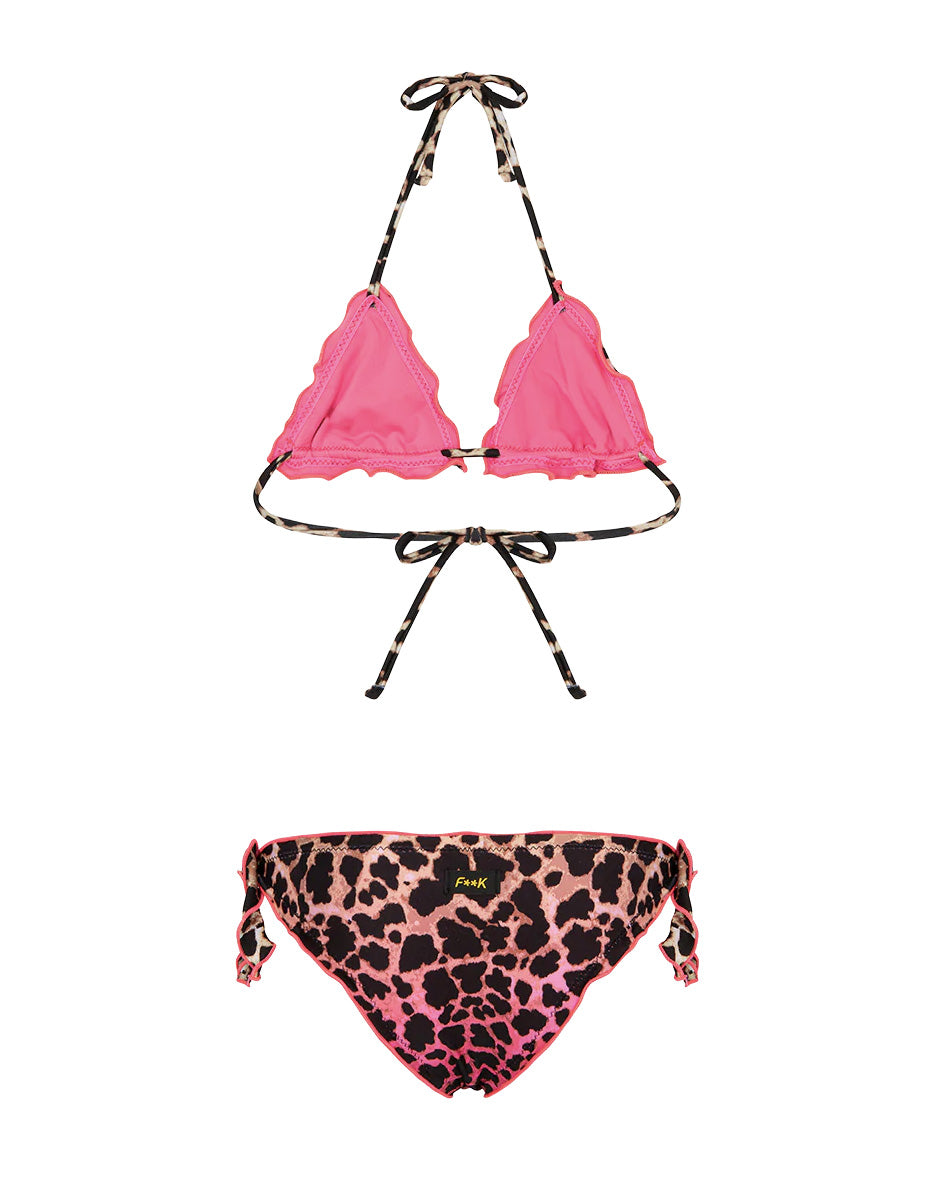 F**K Kids Costume Due Pezzi a Triangolo Fantasia Leopardato Rosa per Bambine