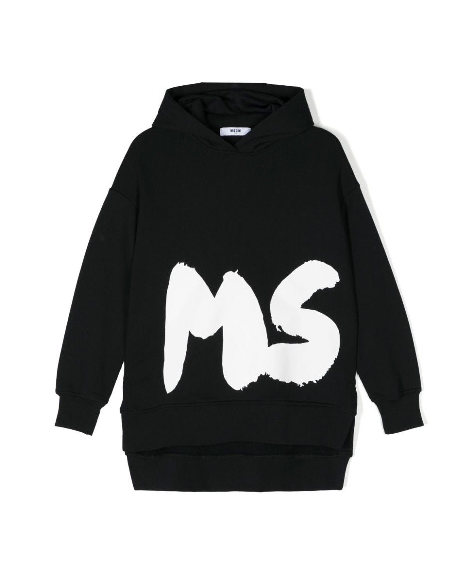 MSGM Kids Abito Nero con Cappuccio con Logo per Bambine
