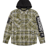 John Richmond Kids Giacca a Camicia Overshirt a Quadri Verde Militare con Cappuccio e Patch Logo per Bambini