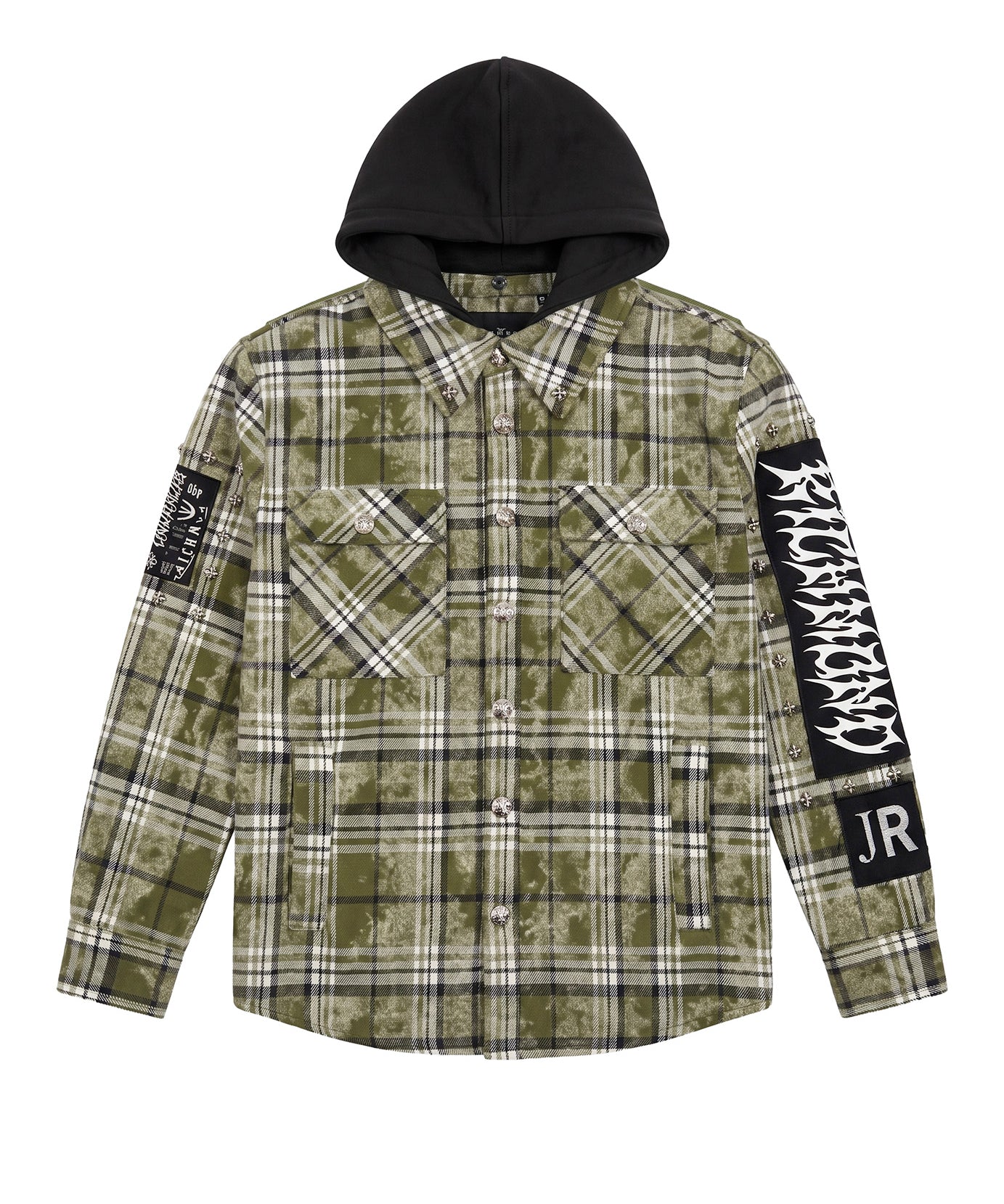 John Richmond Kids Giacca a Camicia Overshirt a Quadri Verde Militare con Cappuccio e Patch Logo per Bambini