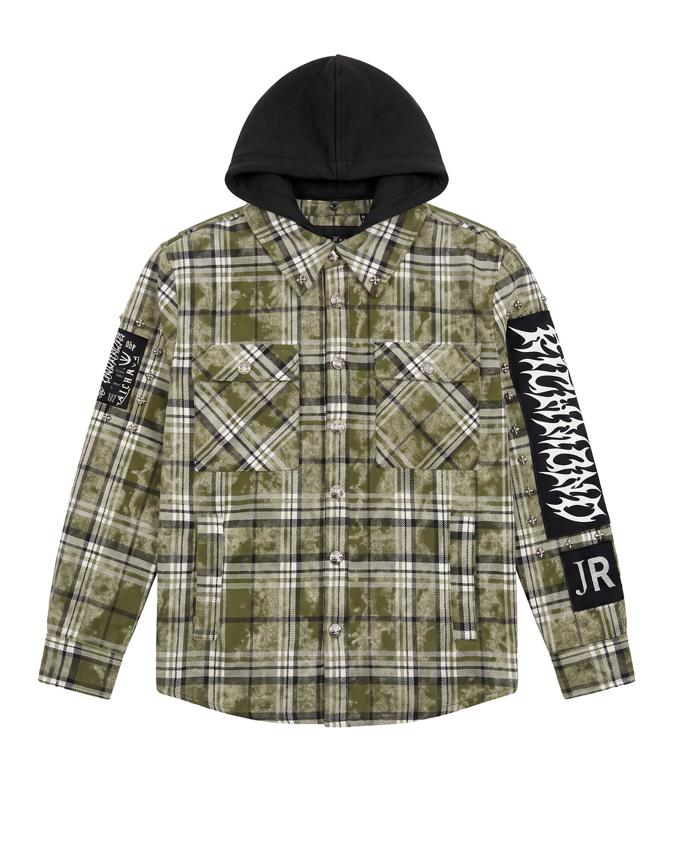 John Richmond Kids Giacca a Camicia Overshirt a Quadri Verde Militare con Cappuccio e Patch Logo per Bambini