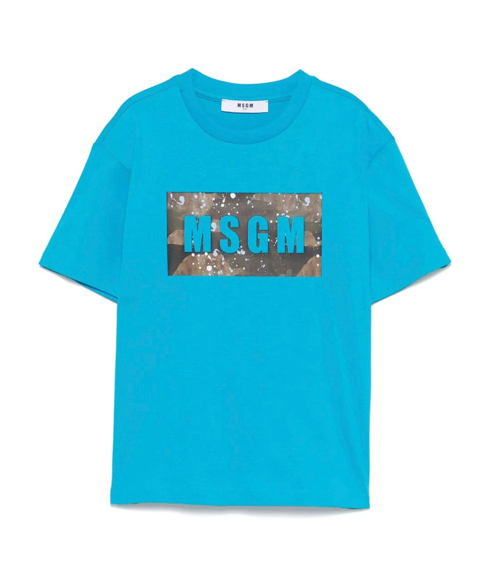 MSGM Kids T-shirt Turchese con Banda Logo per Bambini fronte