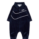BOSS Kids Tutina Intera Blu Navy in Ciniglia con Colletto e Profili Bianchi per Neonati