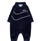BOSS Kids Tutina Intera Blu Navy in Ciniglia con Colletto e Profili Bianchi per Neonati