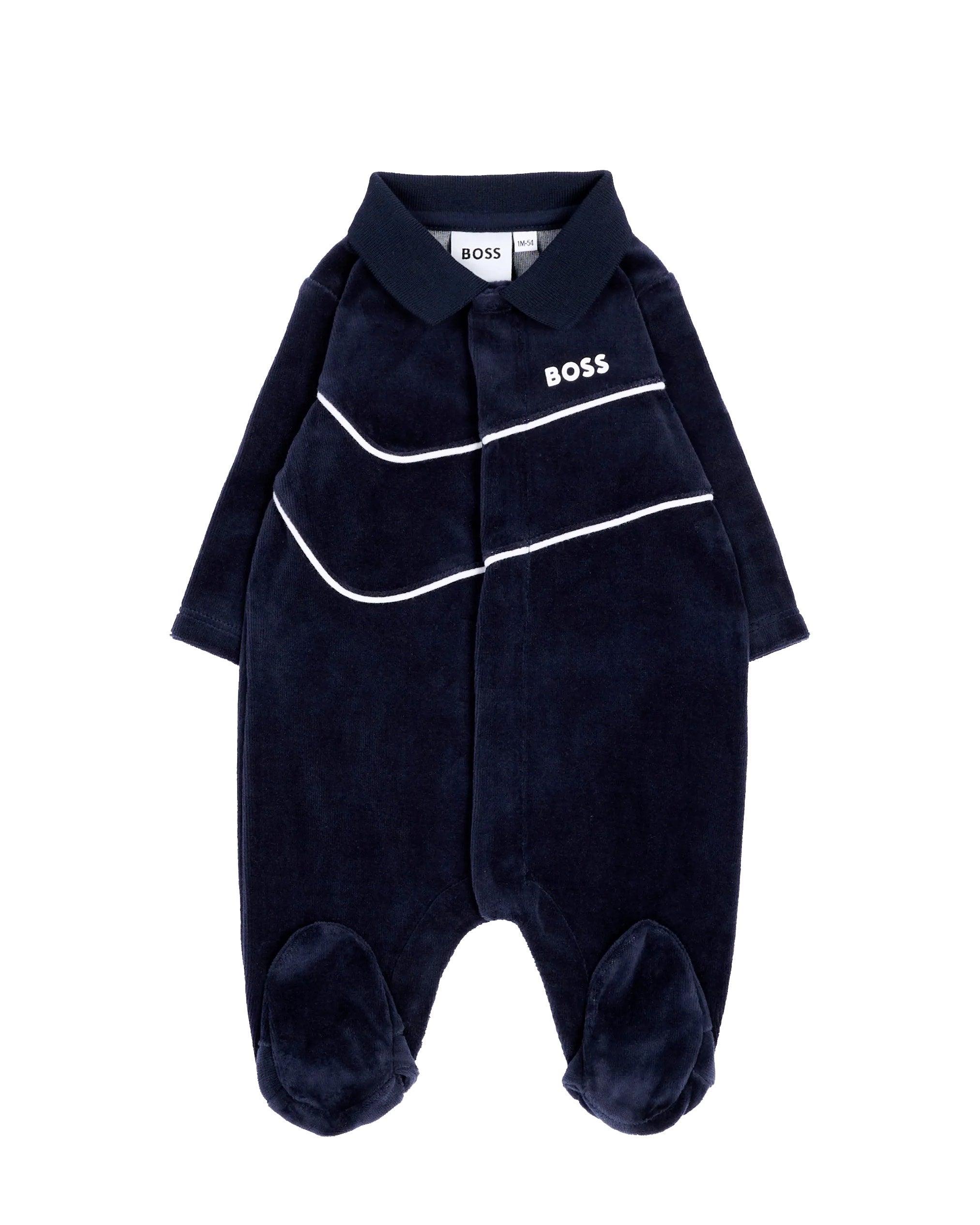 BOSS Kids Tutina Intera Blu Navy in Ciniglia con Colletto e Profili Bianchi per Neonati