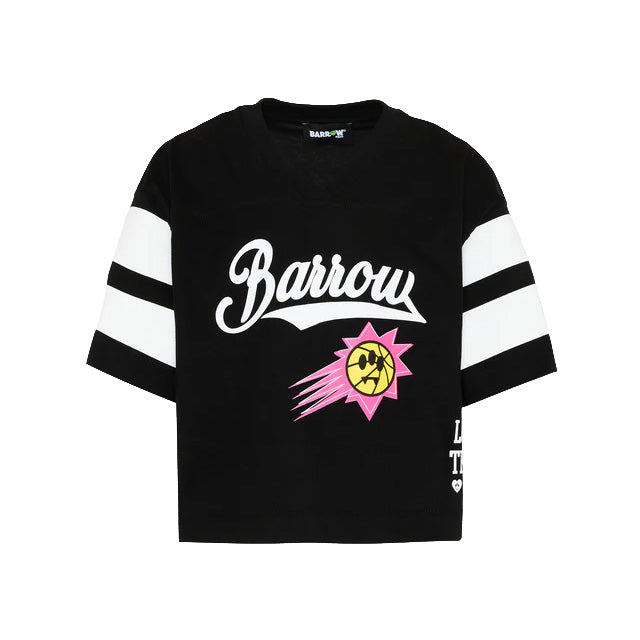 Barrow Kids T-Shirt Nero con Stampa e Strisce su Maniche per Bambine