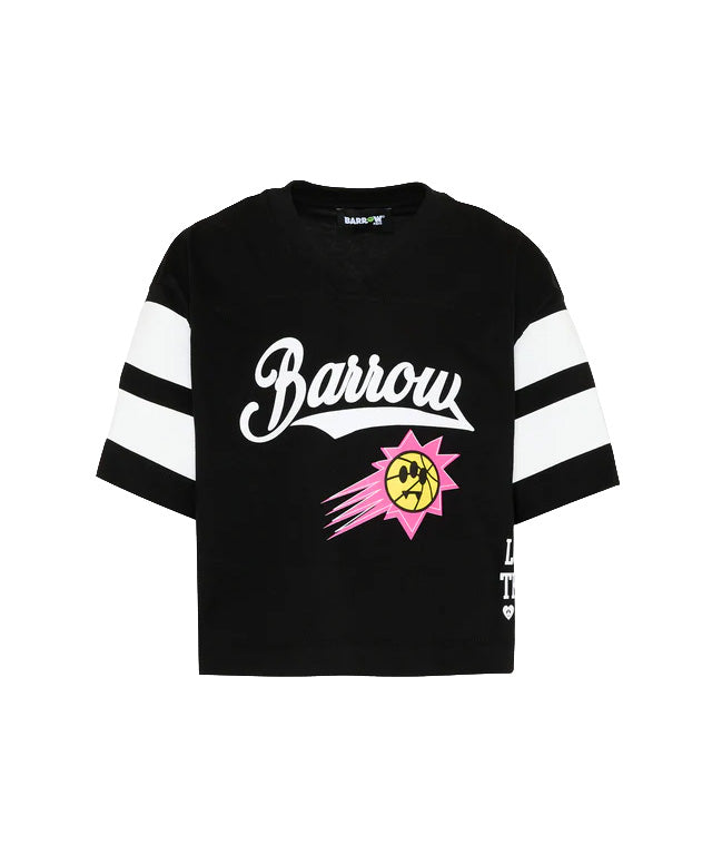 Barrow Kids T-Shirt Nero con Stampa e Strisce su Maniche per Bambine