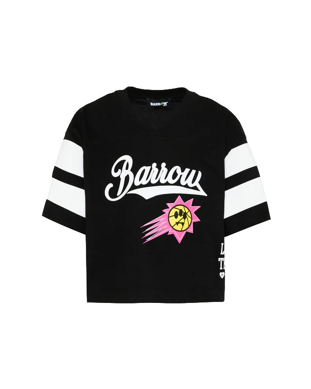 Barrow Kids T-Shirt Nero con Stampa e Strisce su Maniche per Bambine