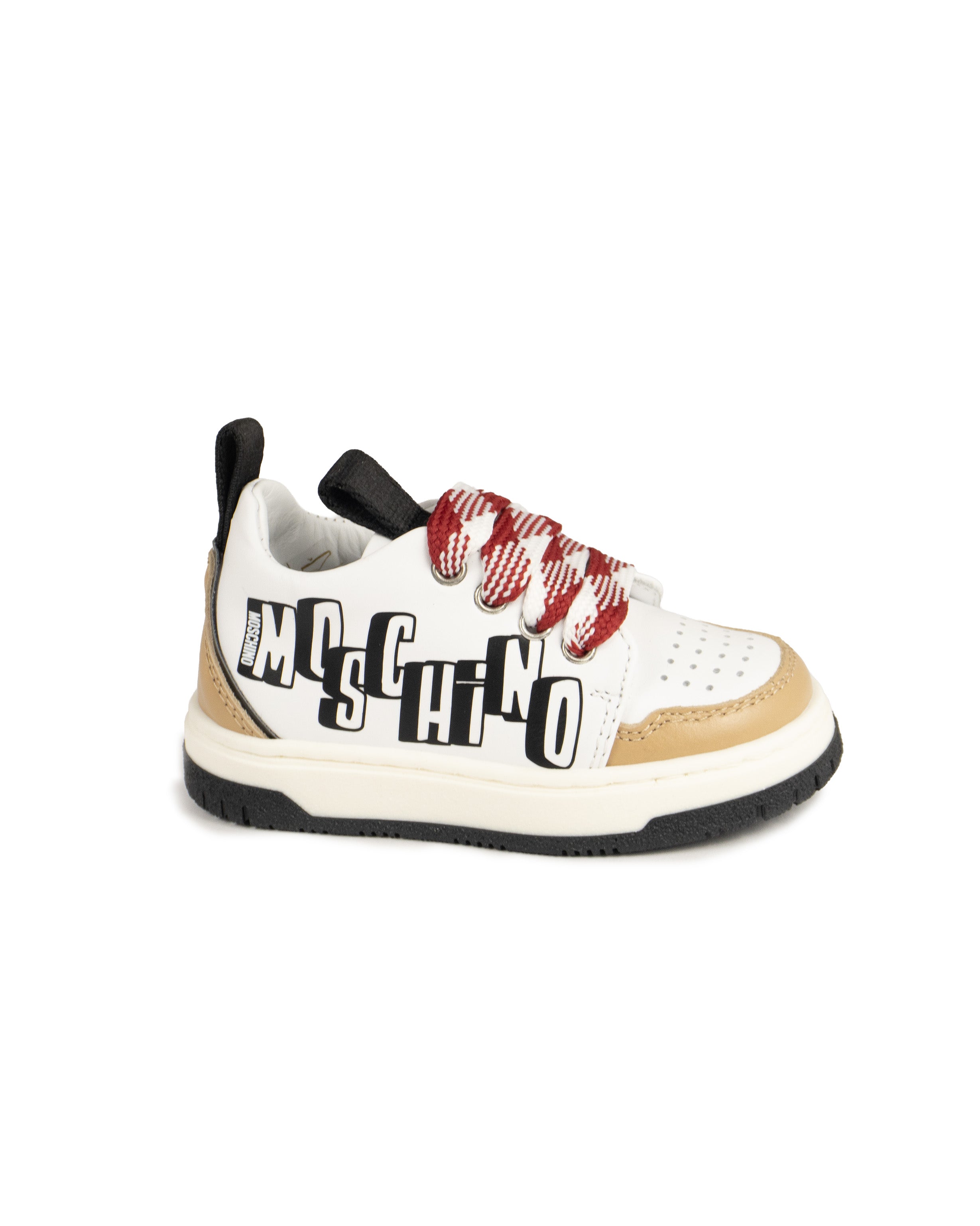 Moschino Kids Sneaker Bianco e Biscotto con Logo per Neonati