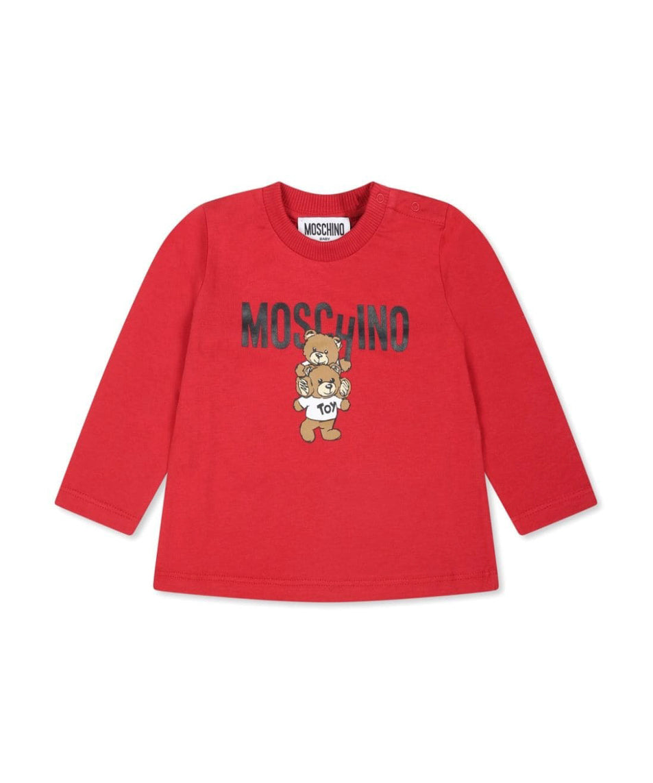 Moschino Kids Blusa Rossa con Stampa Logo Teddy Bear per Neonati 