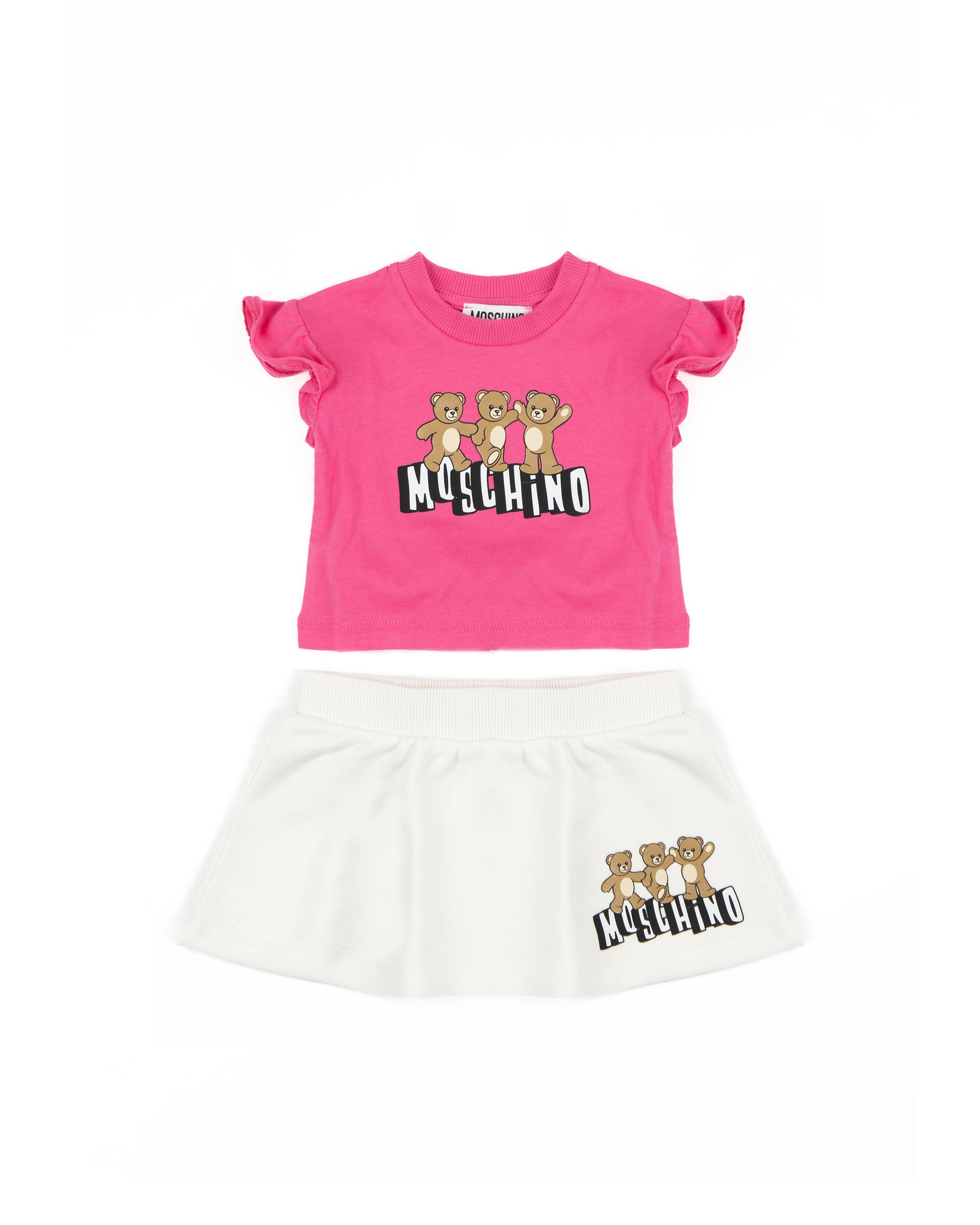 moschino Kids Completo Bianco/ Fuxia con Logo Teddy per Neonate