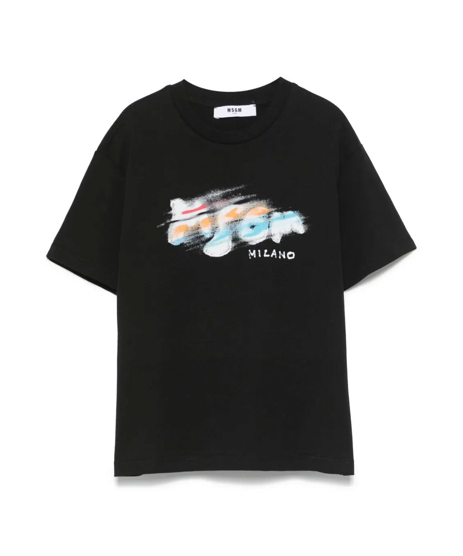 MSGM Kids T-shirt Nera con Blurred Logo per Bambini fronte