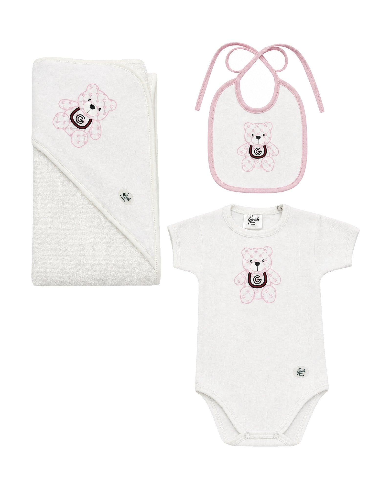 Gabriella Gucci Kids Set Body+Bavetta+Triangolo Latte e Rosa per Neonate