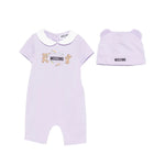 Moschino Kids Pagliaccetto+Cappello Lilla con Logo Teddy Bear per Neonate