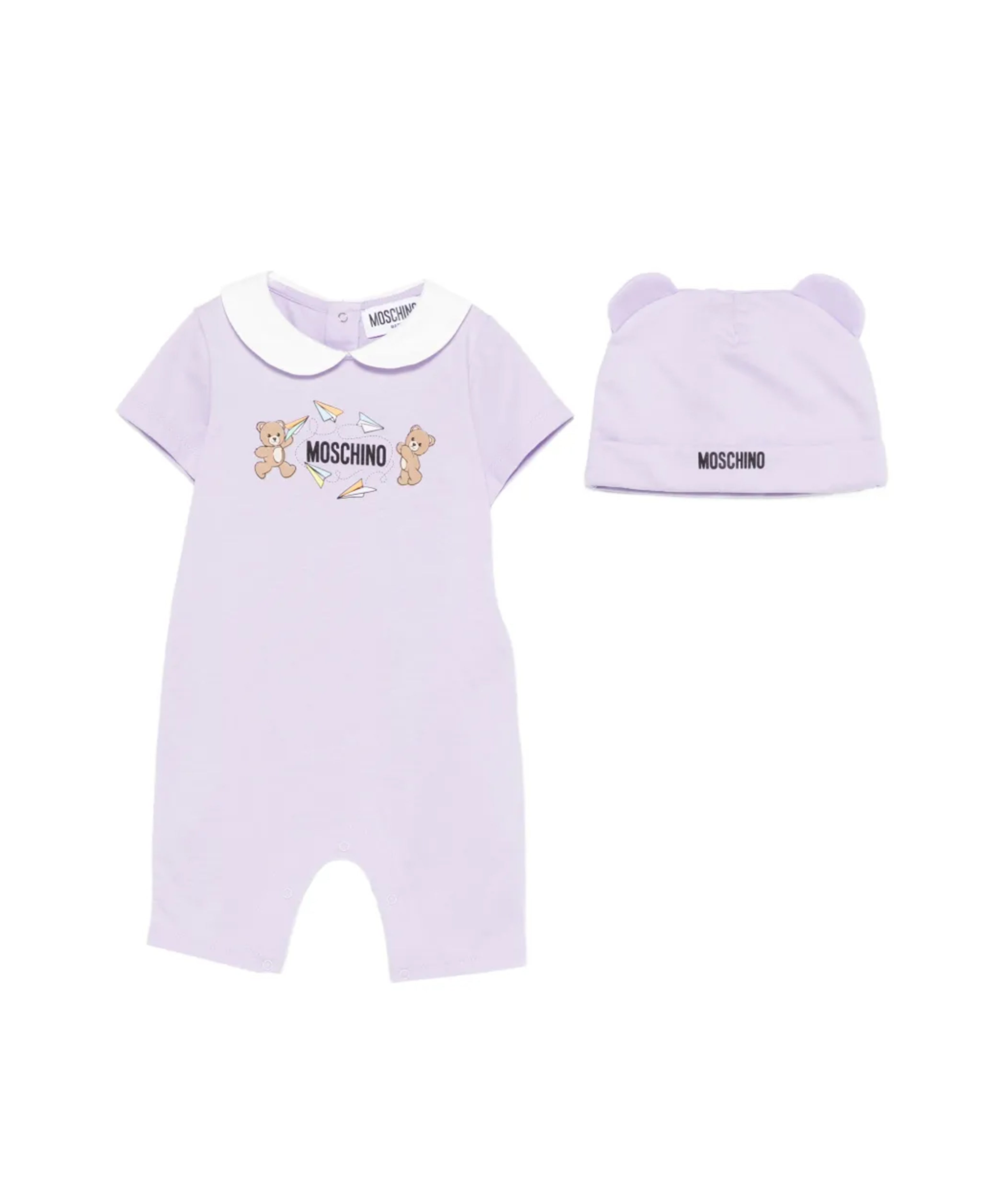 Moschino Kids Pagliaccetto+Cappello Lilla con Logo Teddy Bear per Neonate