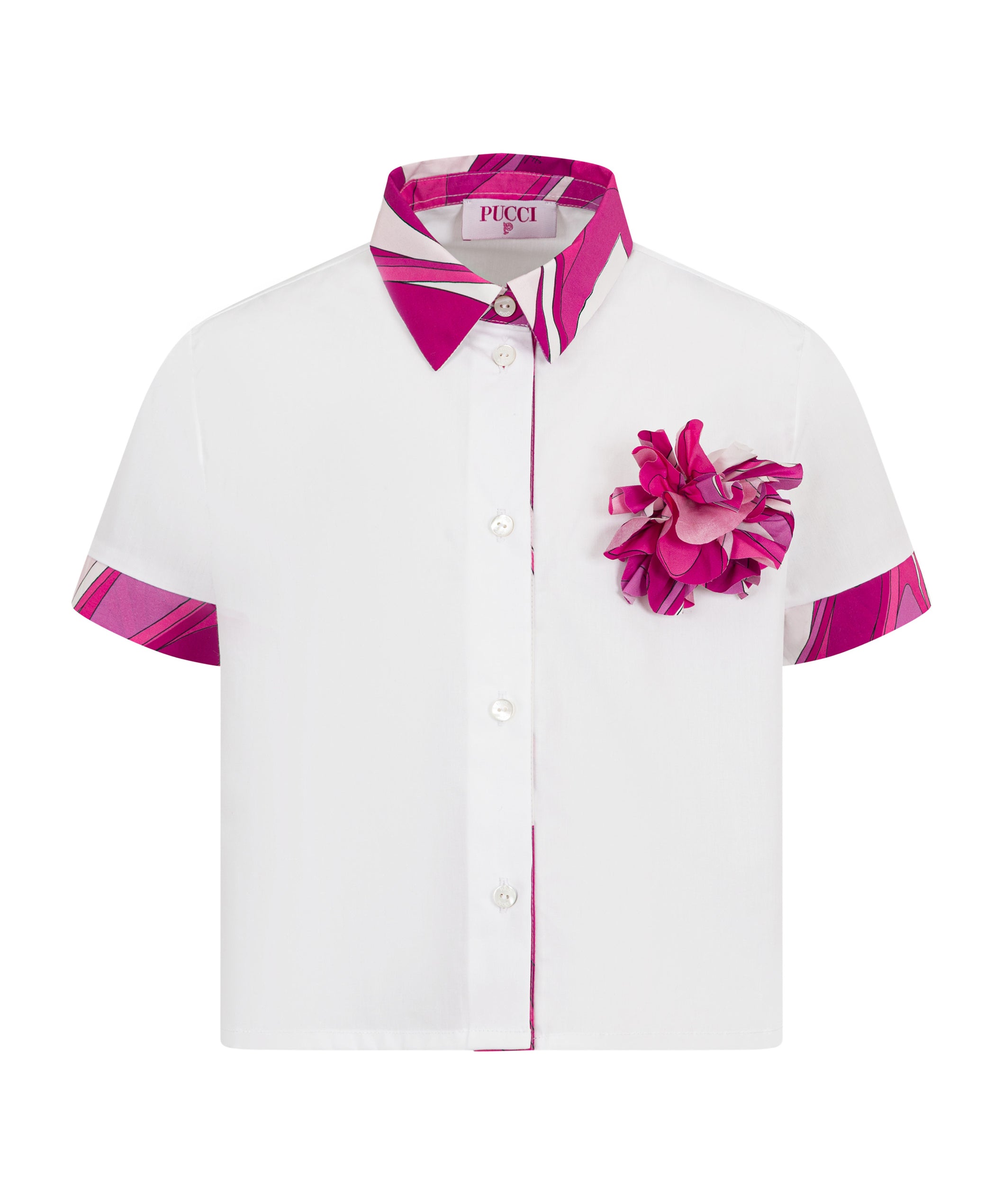 Emilio Pucci Kids Camicia Bianco e Fucsia con Applicazione Fiore per Bambine