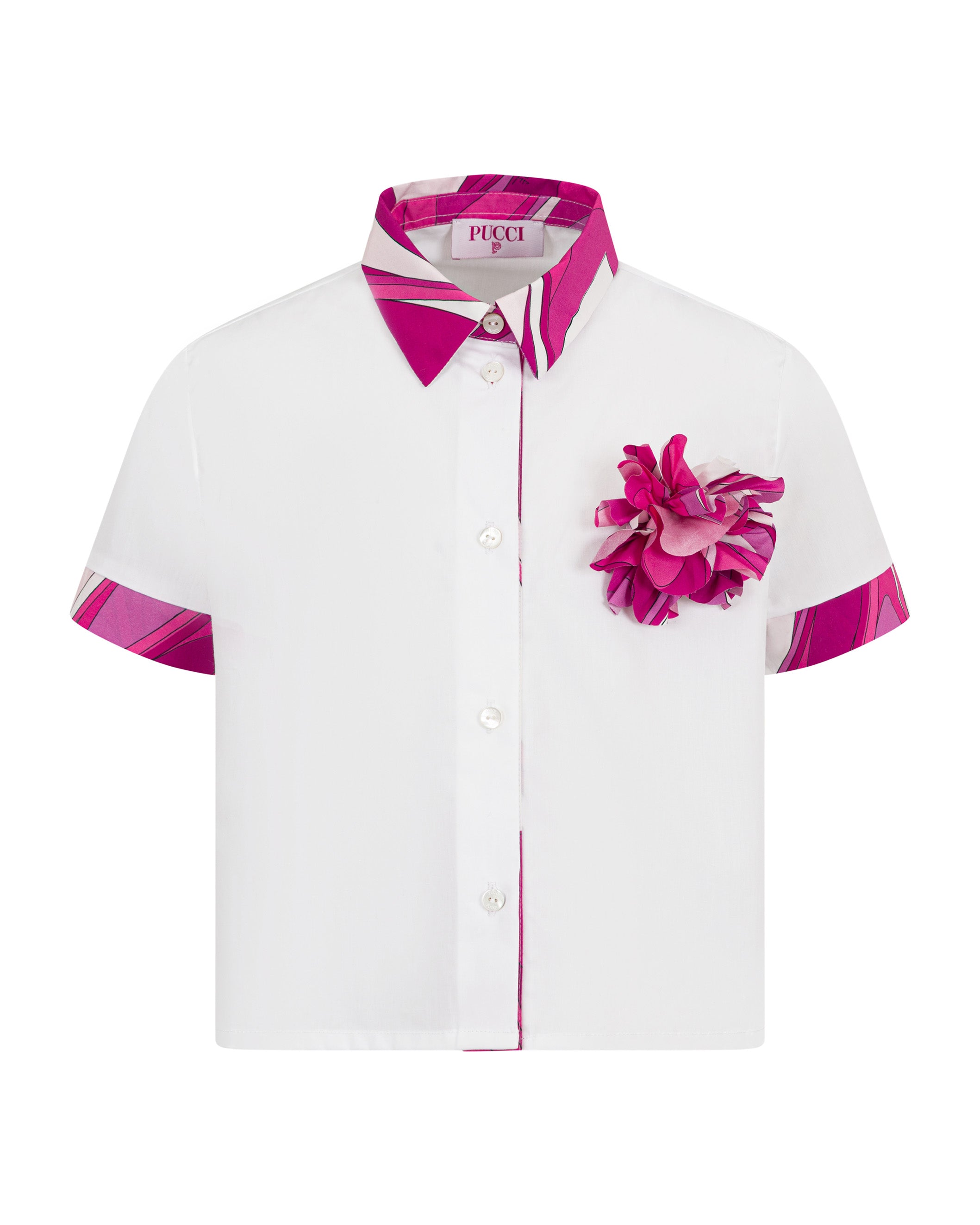 Emilio Pucci Kids Camicia Bianco e Fucsia con Applicazione Fiore per Bambine