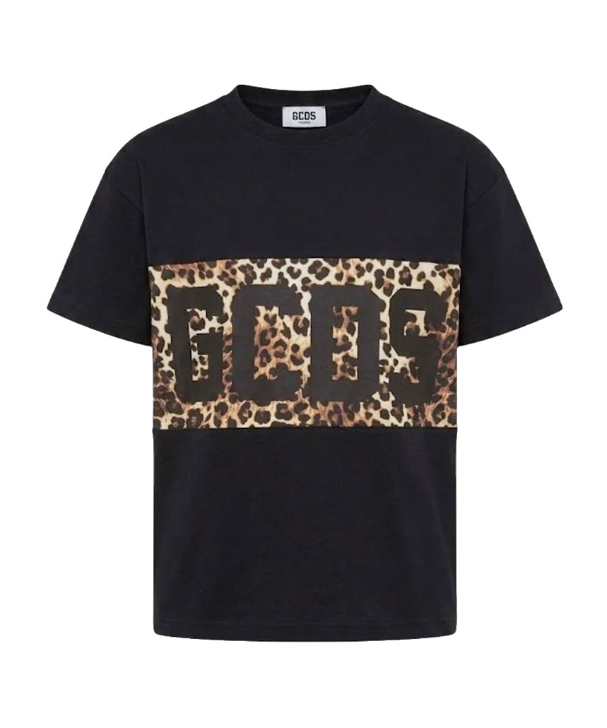 Gcds Kids T-Shirt Nero con Banda Animalier Logata per Bambine