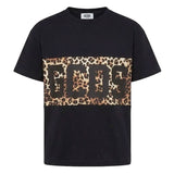 Gcds Kids T-Shirt Nero con Banda Animalier Logata per Bambine
