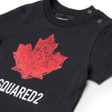Dsquared2 Kids T-shirt Nera con Stampa Logo Foglio D'acero con Bottoni Apertura Spalla per Neonati