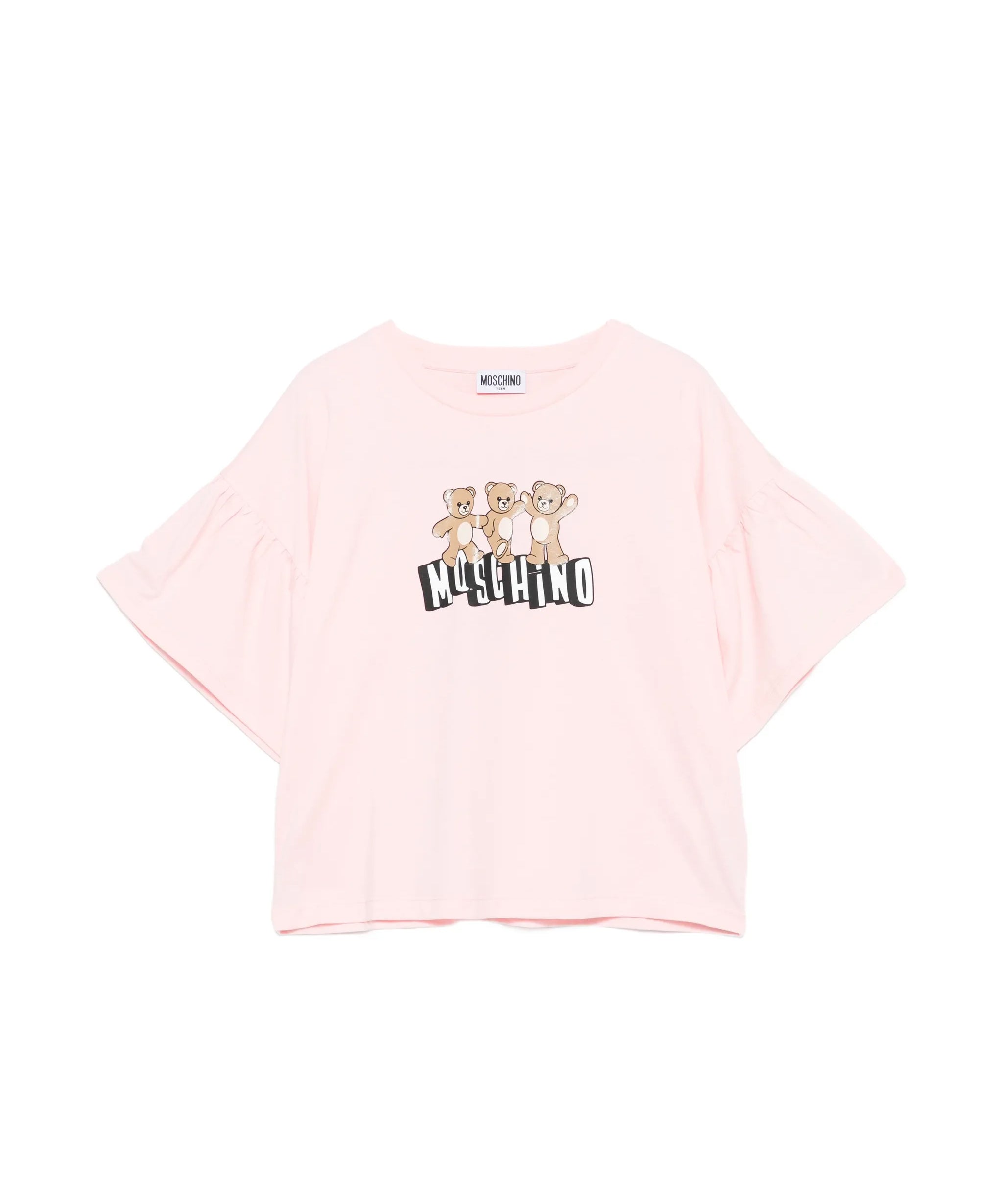 Moschino Kids T-Shirt Rosa Crop con Manica Rouches per Bambine