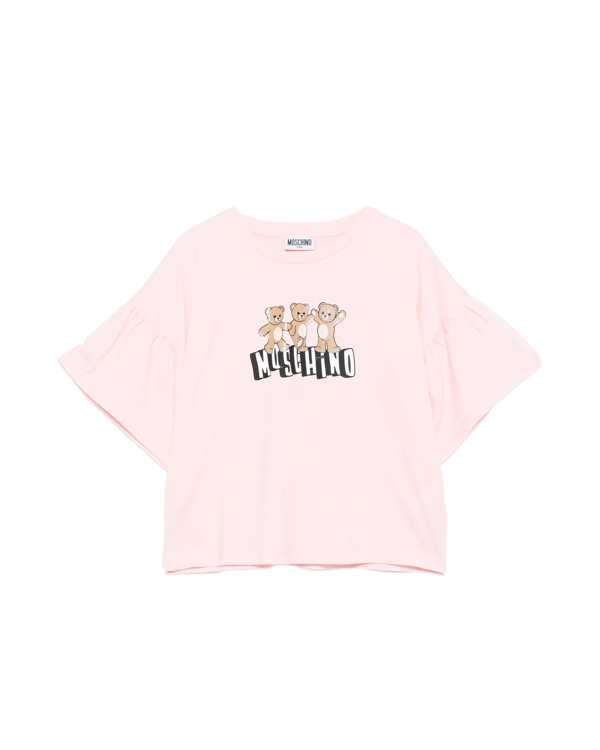 Moschino Kids T-Shirt Rosa Crop con Manica Rouches per Bambine