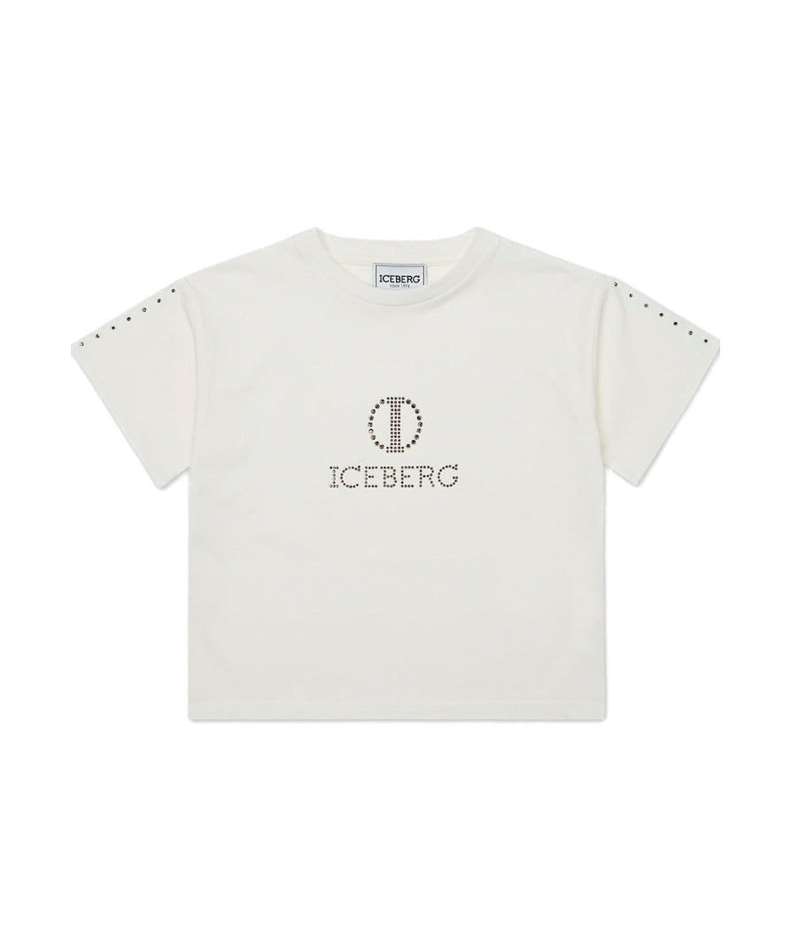 Iceberg Kids T-shirt Bianca Crop con Logo Borchiato per Bambine 