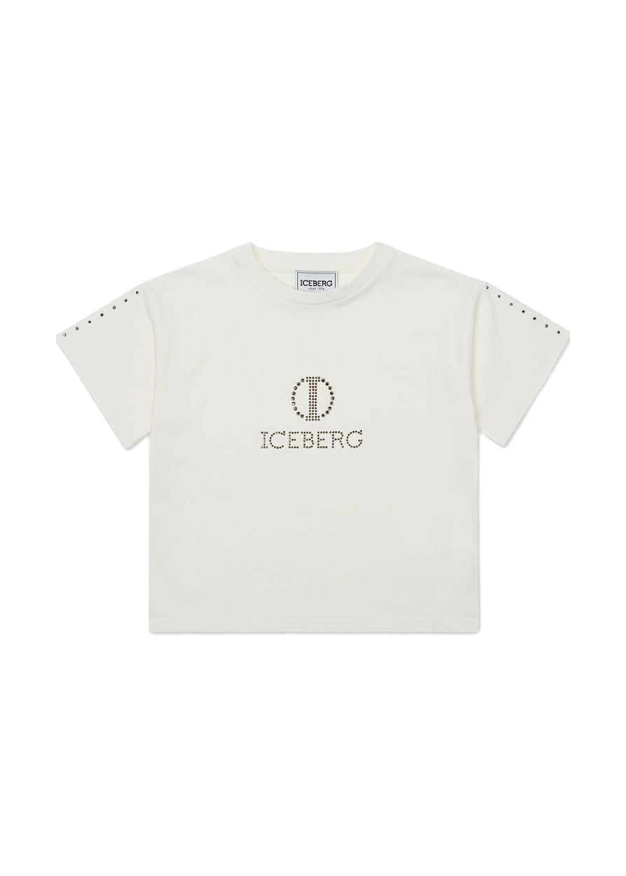 Iceberg Kids T-shirt Bianca Crop con Logo Borchiato per Bambine 