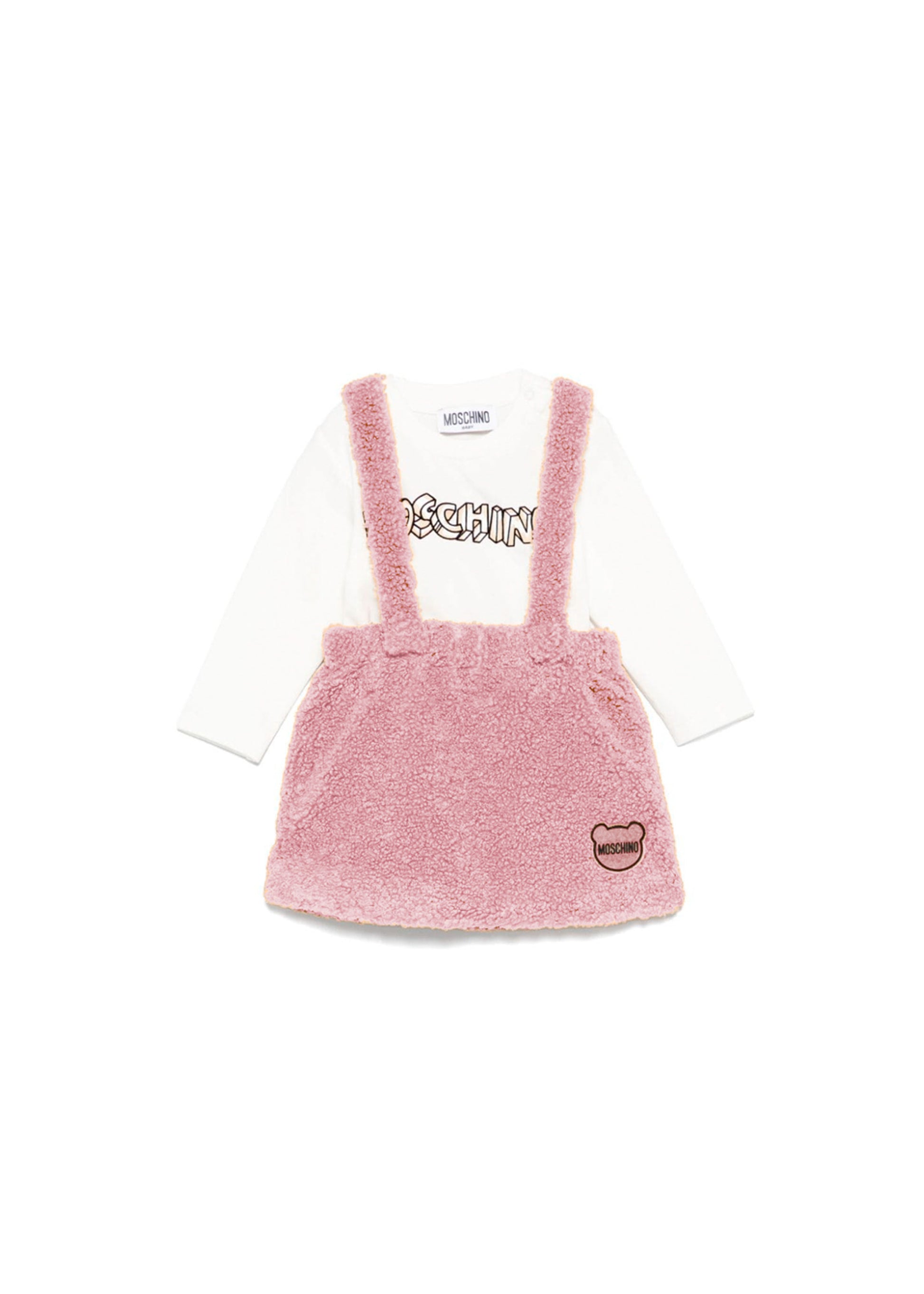Moschino Kids Completo Salopette Peluche con T-shirt Panna per Neonate
