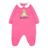 Moschino Kids Tutina Fuxia con Colletto Bianco e Stampa Teddy Bear con Logo per Neonate