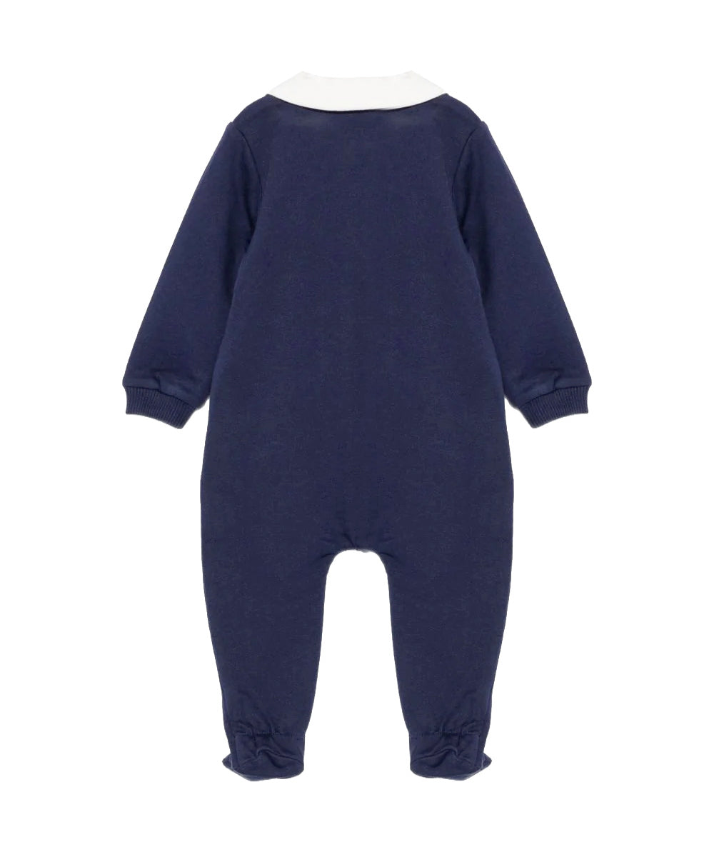 Moschino Kids Tutina Blu in Cotone con Colletto, Tasche Teddy Bear e Logo per Neonati
