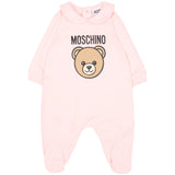 Moschino Kids Tutina Rosa in Cotone con Colletto e Stampa Teddy Bear e Logo per Neonate