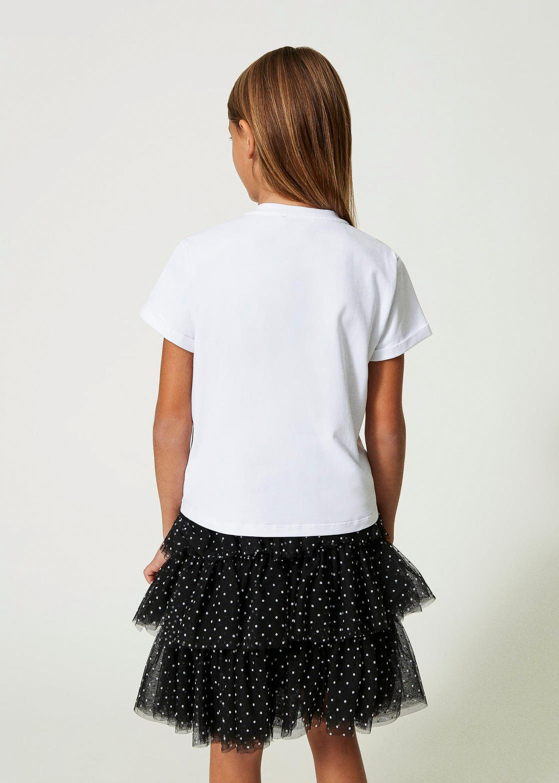 Twinset Kids T-shirt con Stampa e Tulle Bianca