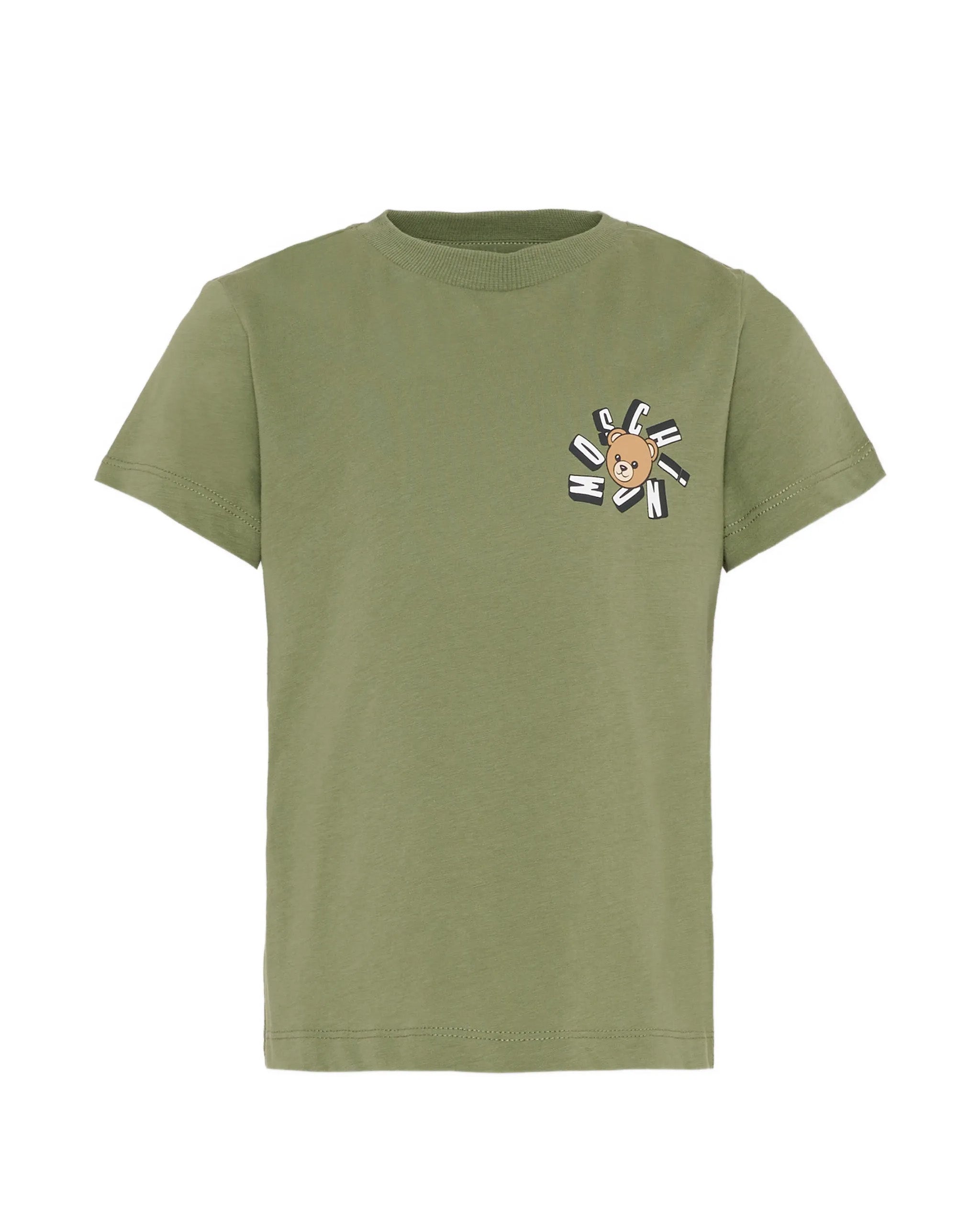 Moschino Kids T-Shirt Verde con Piccolo Logo Teddy Bear per Bambini