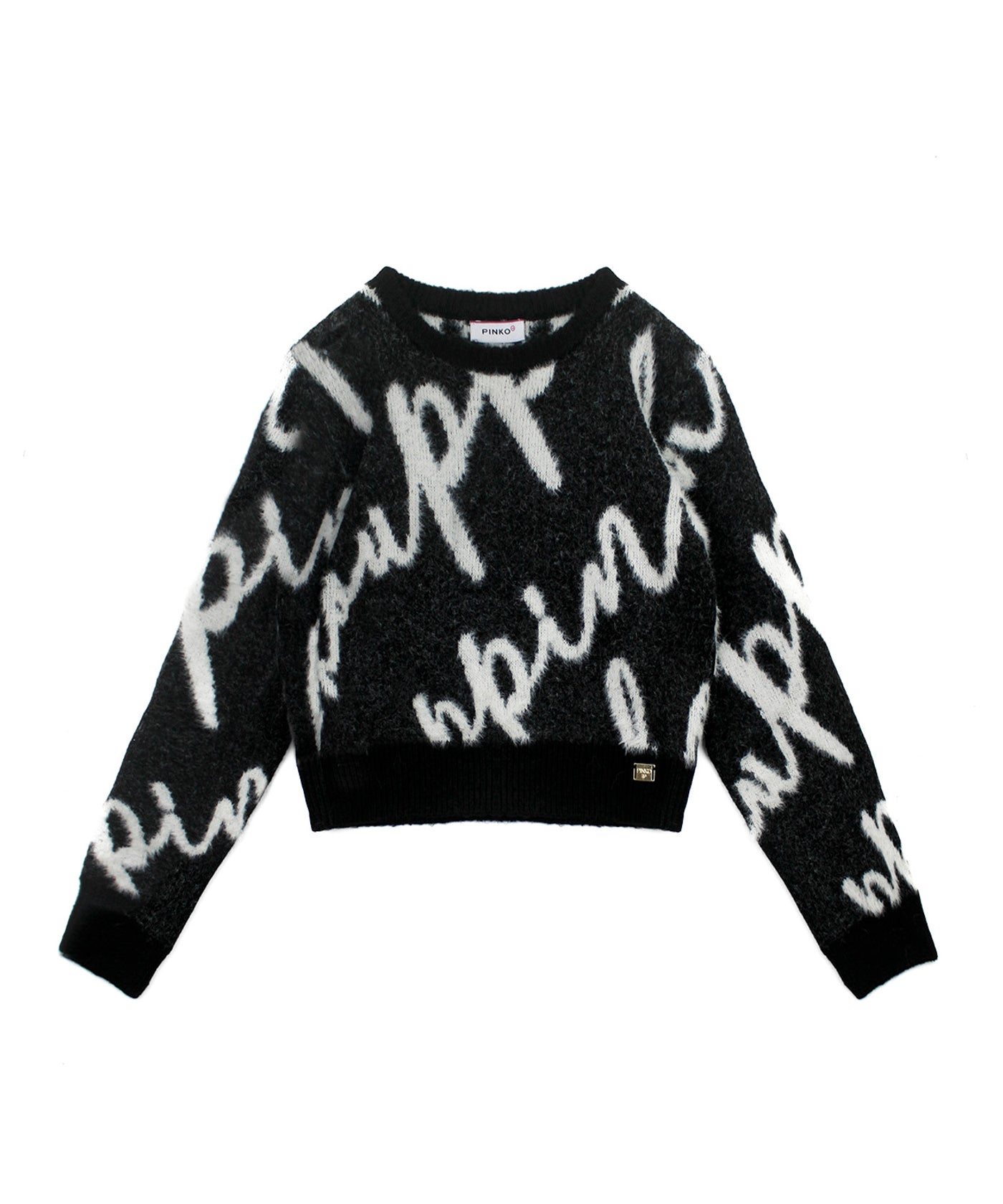 Pinko Kids Maglione Crop Nero con Logo All-over per Bambine