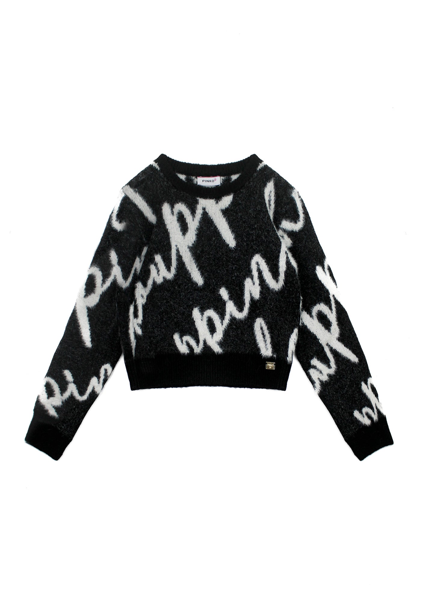 Pinko Kids Maglione Crop Nero con Logo All-over per Bambine