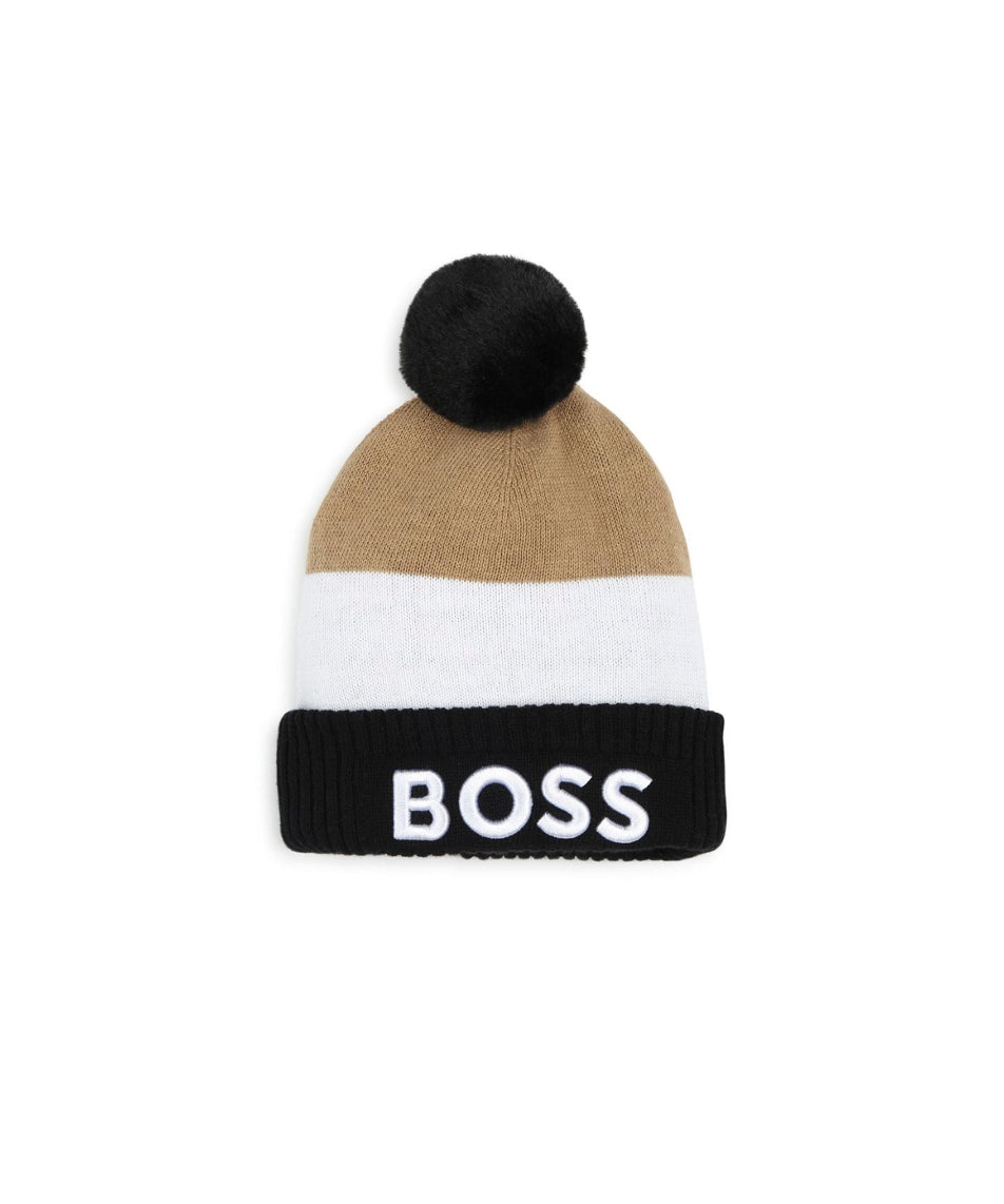Boss Kids Cappello Beanie Nero/Biscotto con Pon Pon per Noenati
