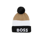 Boss Kids Cappello Beanie Nero/Biscotto con Pon Pon per Noenati