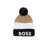 Boss Kids Cappello Beanie Nero/Biscotto con Pon Pon per Noenati