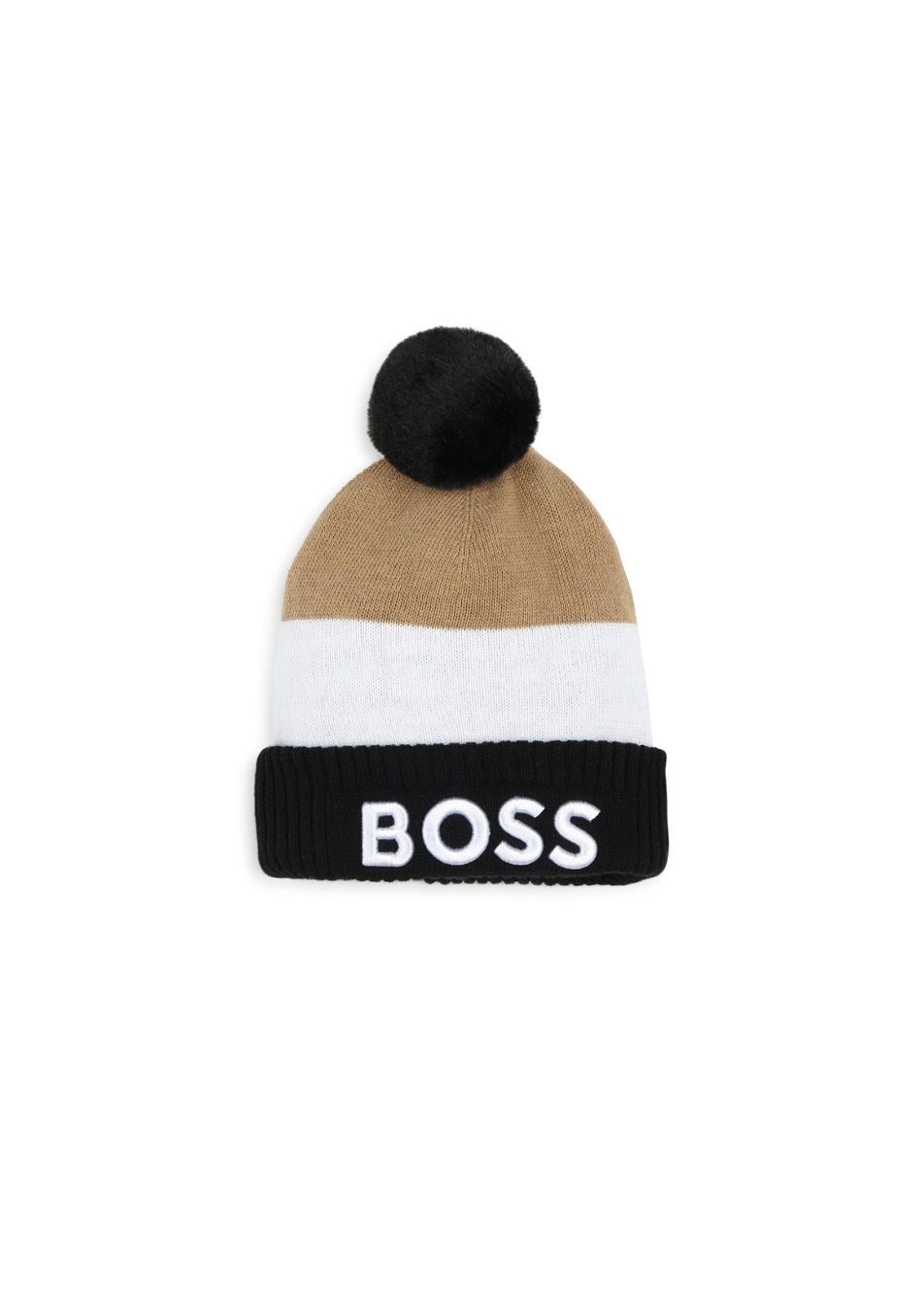 Boss Kids Cappello Beanie Nero/Biscotto con Pon Pon per Noenati