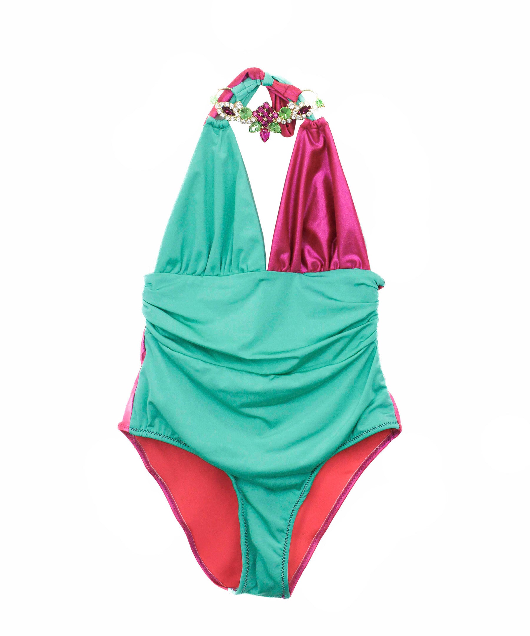 Ilaria Vitagliano Costume Monokini Verde Acqua/Fucsia per Bambine (fronte)
