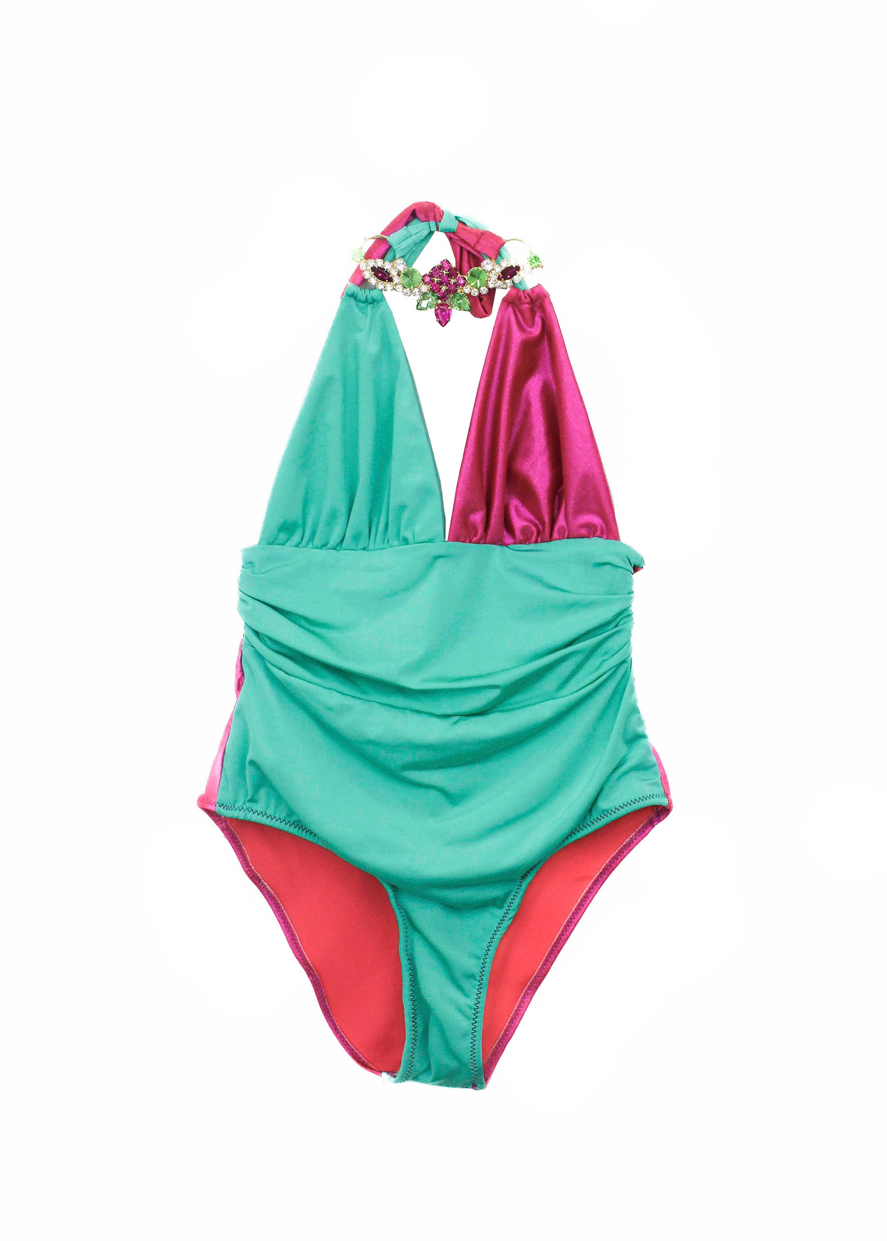 Ilaria Vitagliano Costume Monokini Verde Acqua/Fucsia per Bambine (fronte)