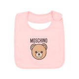 Moschino Kids Set Cappello e Bavetta Rosa con Stampa Logo Teddy per Neonate