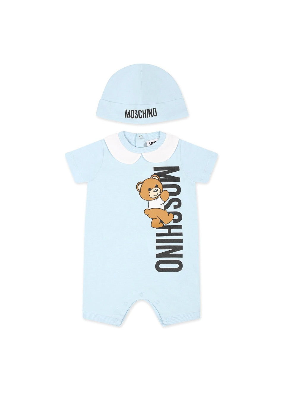 Moschino Kids Pagliaccetto Cielo con Berretto Teddy Bear per Neonati (fronte)