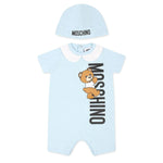 Moschino Kids Pagliaccetto Cielo con Berretto Teddy Bear per Neonati (fronte)