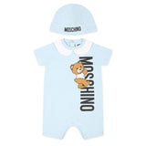 Moschino Kids Pagliaccetto Cielo con Berretto Teddy Bear per Neonati (fronte)