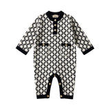Elisabetta Franchi Kids Tutina Nera e Panna in Maglia Jacquard con Logo e Bottoni Oro per Neonate