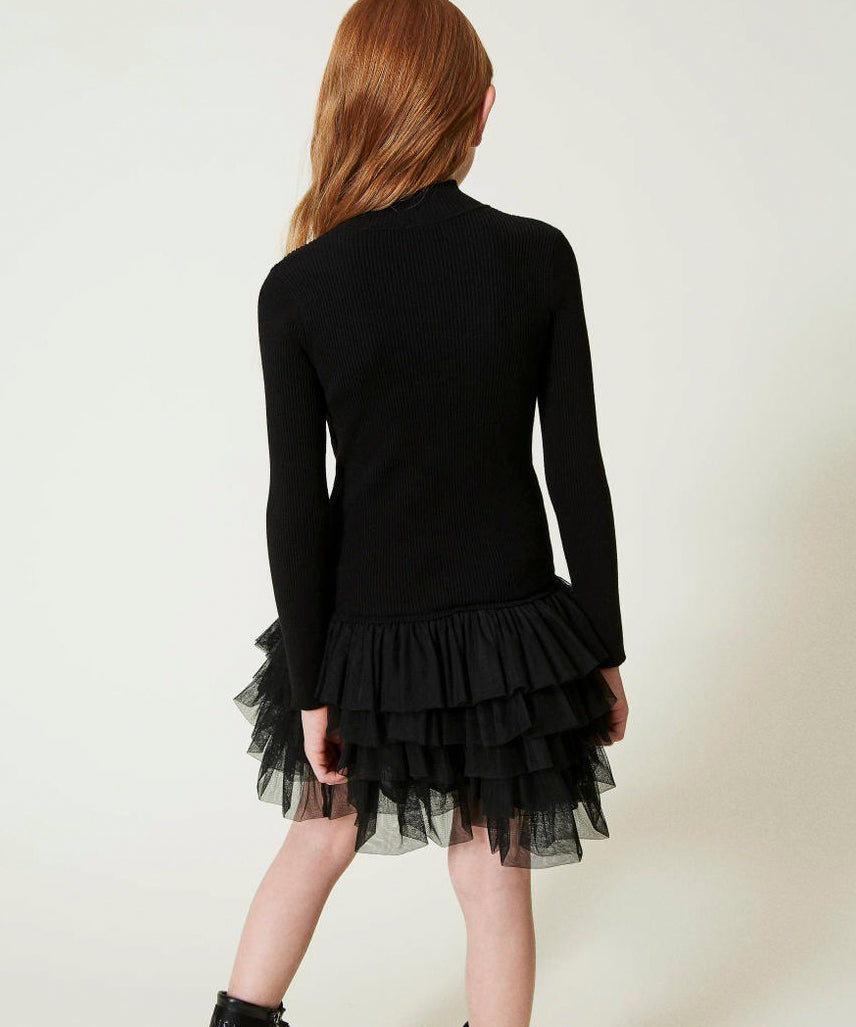 Twinset Kids Abito Nero a Costine con Gonna Tulle per Bambine (retro)