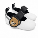 Moschino Kids Scarpine Bianco e Nero con Teddy e Chiusura a Strappo per Neonate