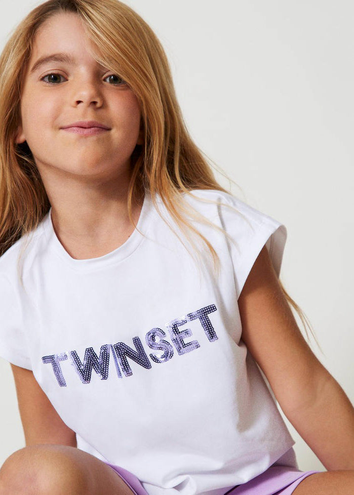 Twinset Kids T-Shirt Bianca con Applicazione Logo per Bambine